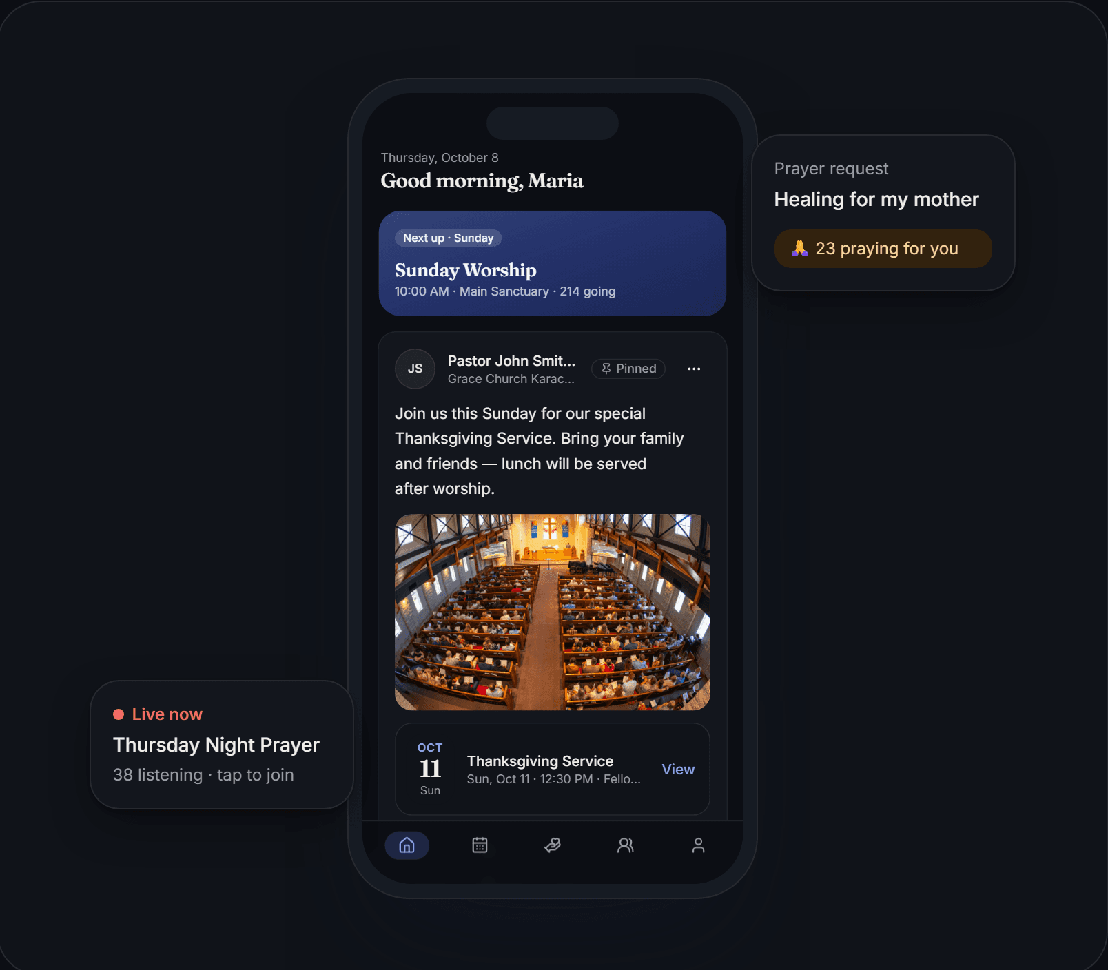 Covenant member app on a phone: a church feed with the next Sunday service, a pastor's post, a live prayer meeting and a prayer request