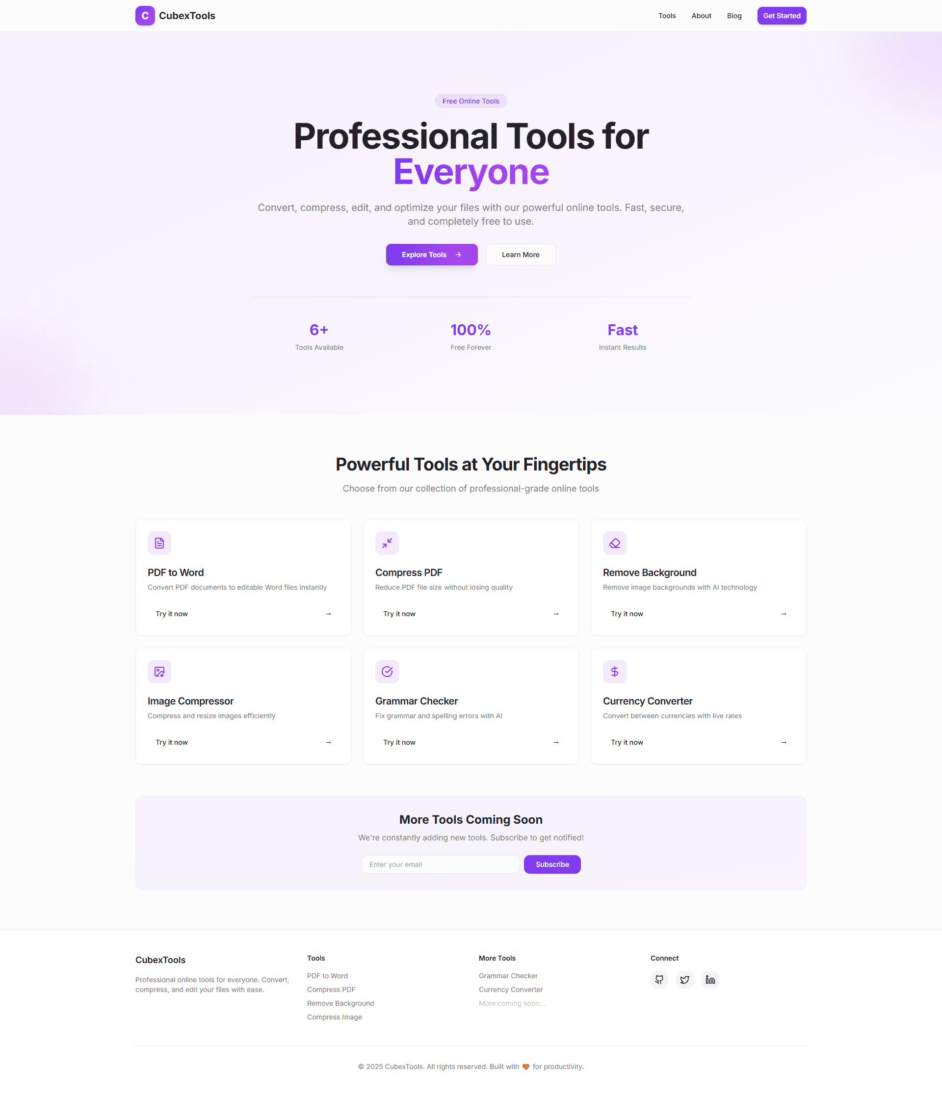 CubexTools home page with a grid of PDF, image and AI tools