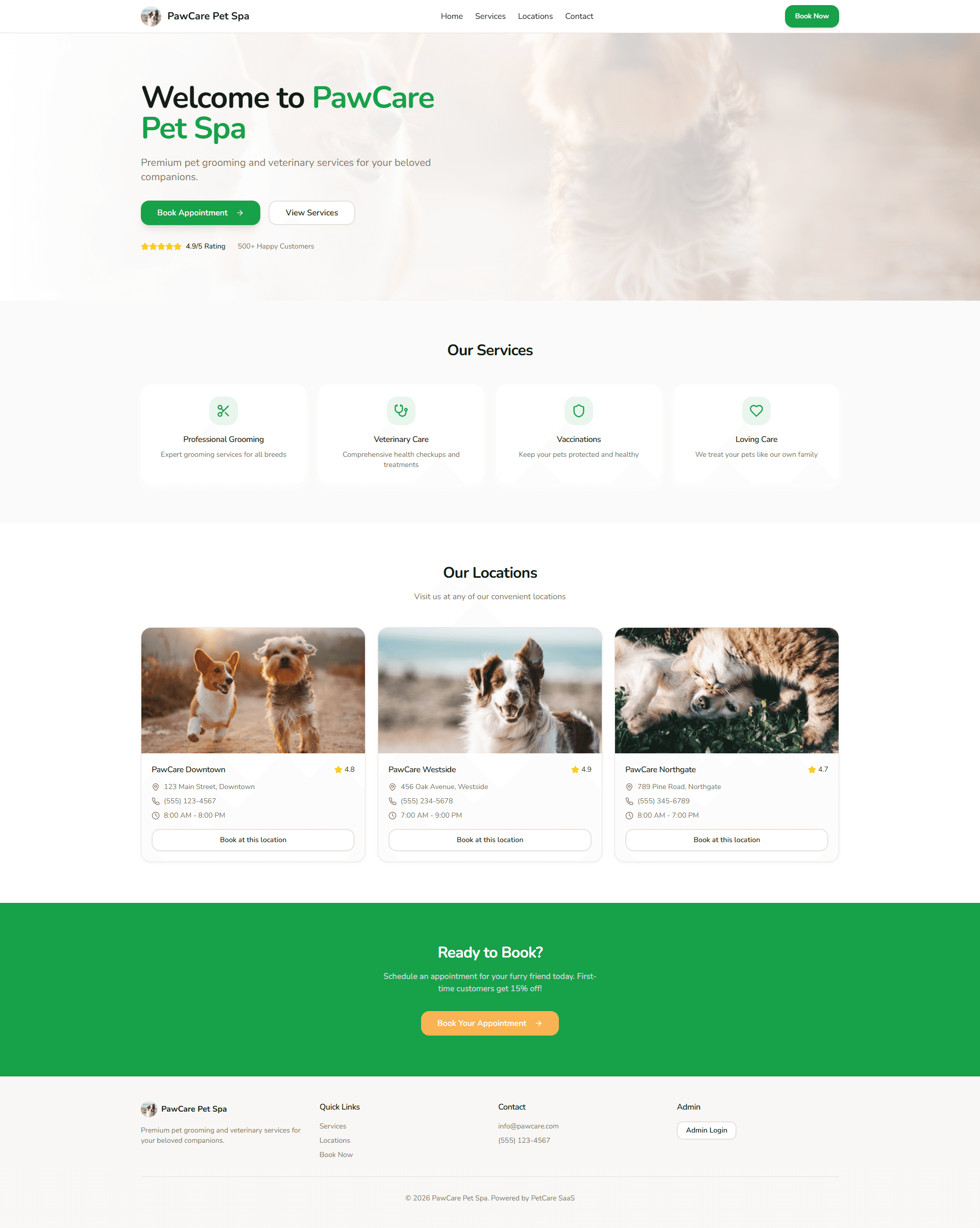 PawCare Pet Spa, a tenant site on the PetCare SaaS platform, with services and locations